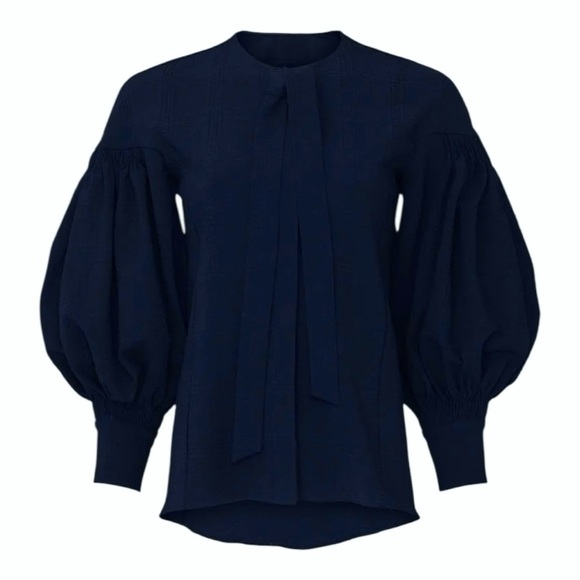 Teija Navy Blue Frill Blouse Button Front Long Puff Sleeves Silk Seersucker 16 - Picture 5 of 9